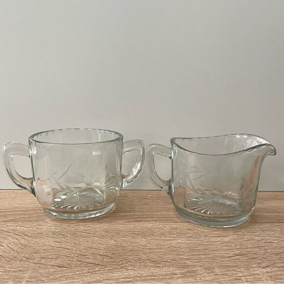 Vintage Antique Etched Flower Clear Paneled Pressed Glass Open Sugar Creamer Set - Picture 7 of 15